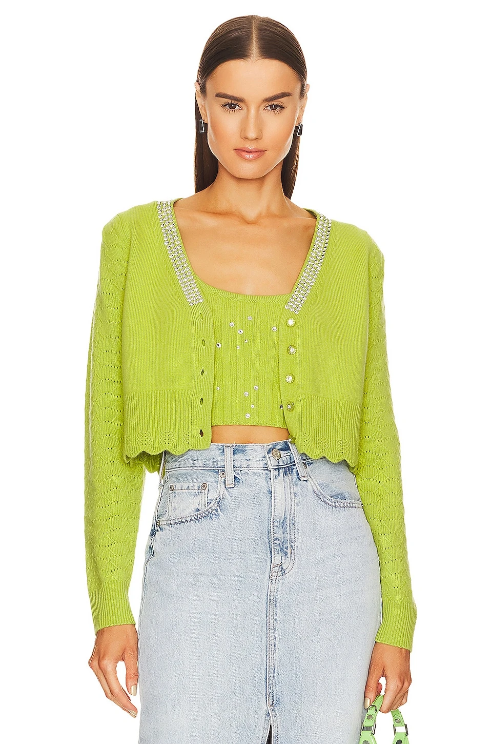 LoveShackFancy Brynner Crop Cardigan Spring Leaf